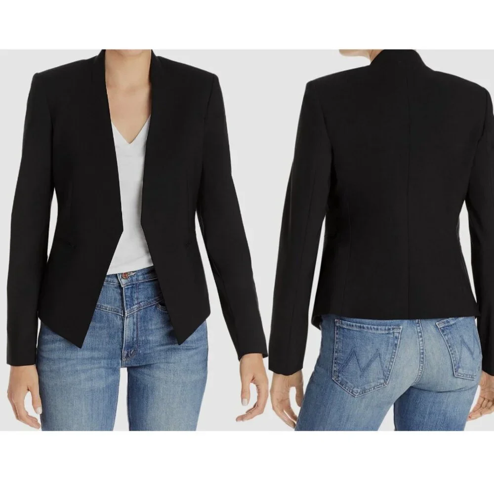 Theory Black Lanai Classic Open-Front Wool Blazer Jacket 26041